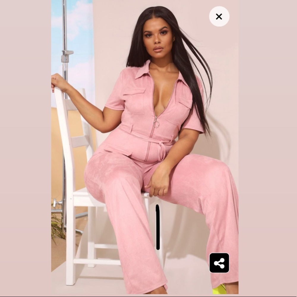 Pretty little thing plus Pink faux suede jumpsuit